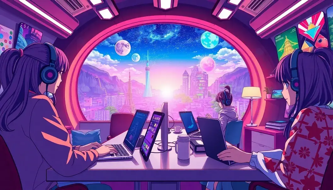 Anime fans using futuristic remote work technology with anime universe elements.