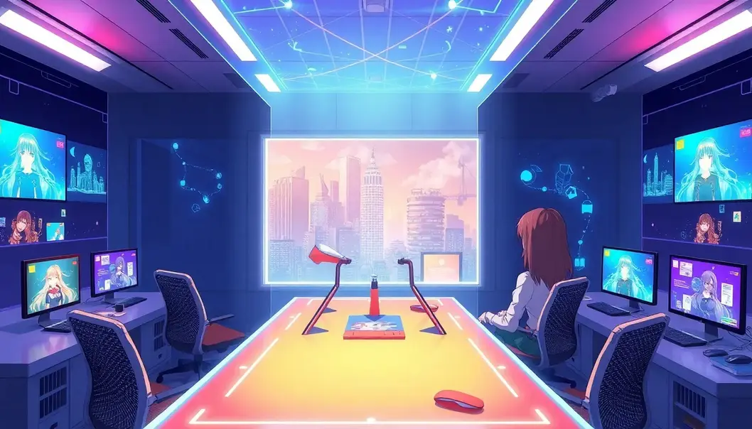 Anime-inspired futuristic remote working environment.