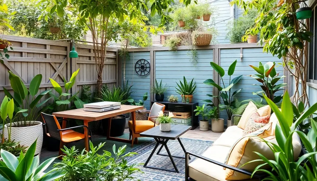 Backyard workspace with a desk, chair, and diverse plants creating an invigorating environment.