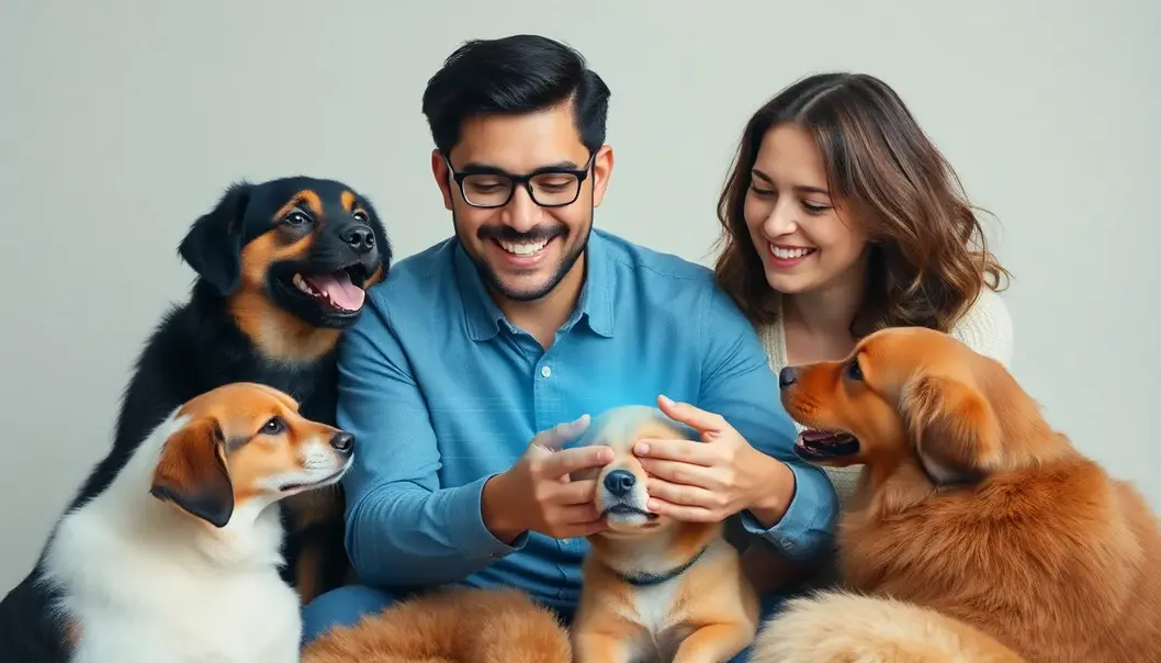 A pet owner with multiple pets looking at a digital blockchain interface displaying pet-related data.