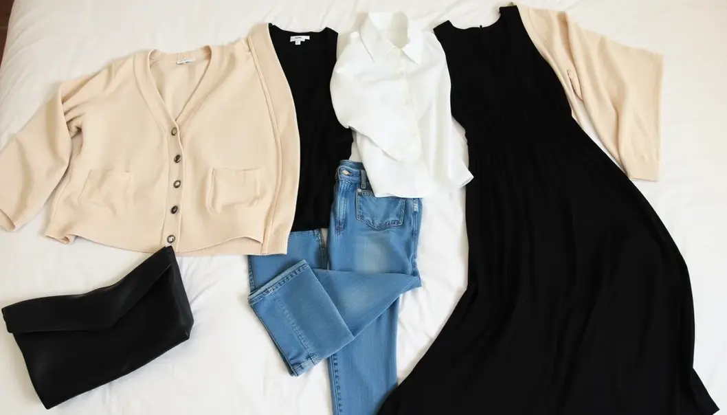 An organized capsule wardrobe displaying versatile clothing pieces.