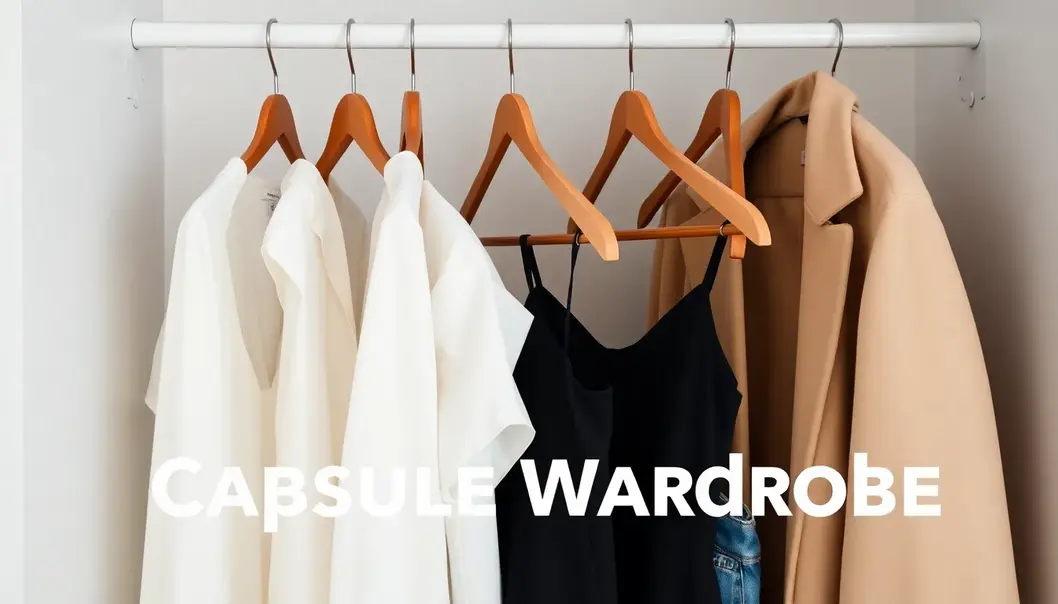 An organized capsule wardrobe displaying versatile clothing pieces.