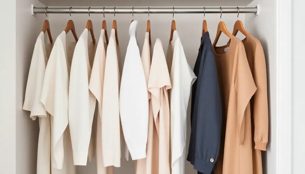 A minimalist closet with neatly arranged capsule wardrobe essentials.