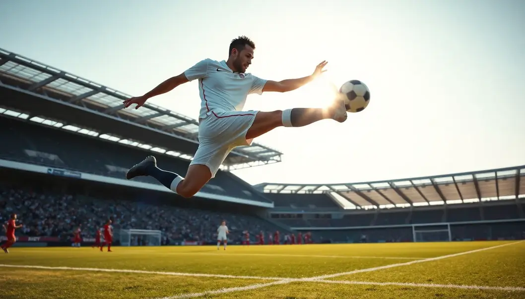 Soccer player in mid-air pose on a field with stadium in the background.