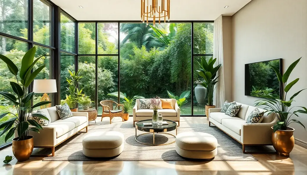 A luxurious, eco-friendly living space with sustainable furniture and a garden view.