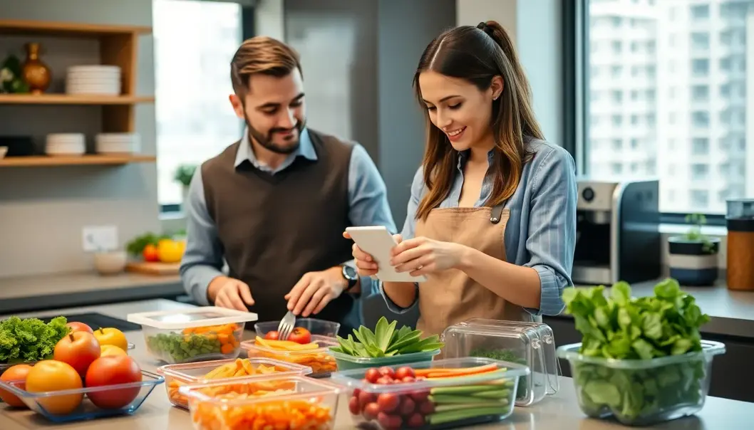 Professionals preparing breakfast with organized ingredients and tools.