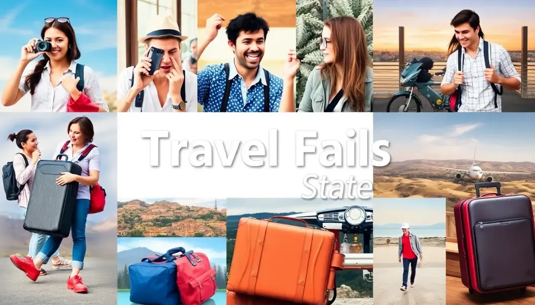 Various comedic travel scenarios highlighting amusing travel fails.