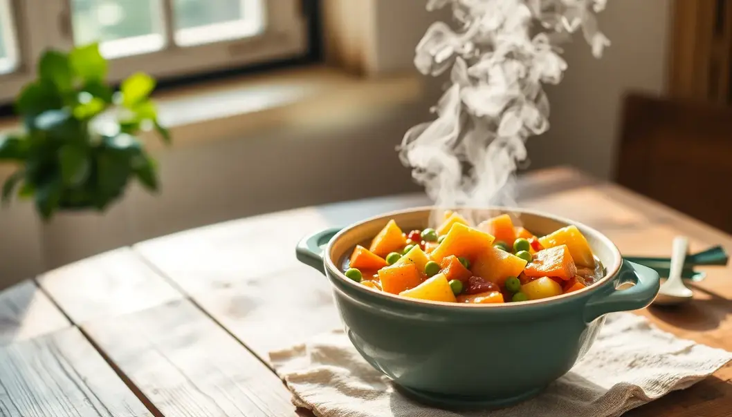A nourishing hearty vegetable stew prepared in a slow cooker.