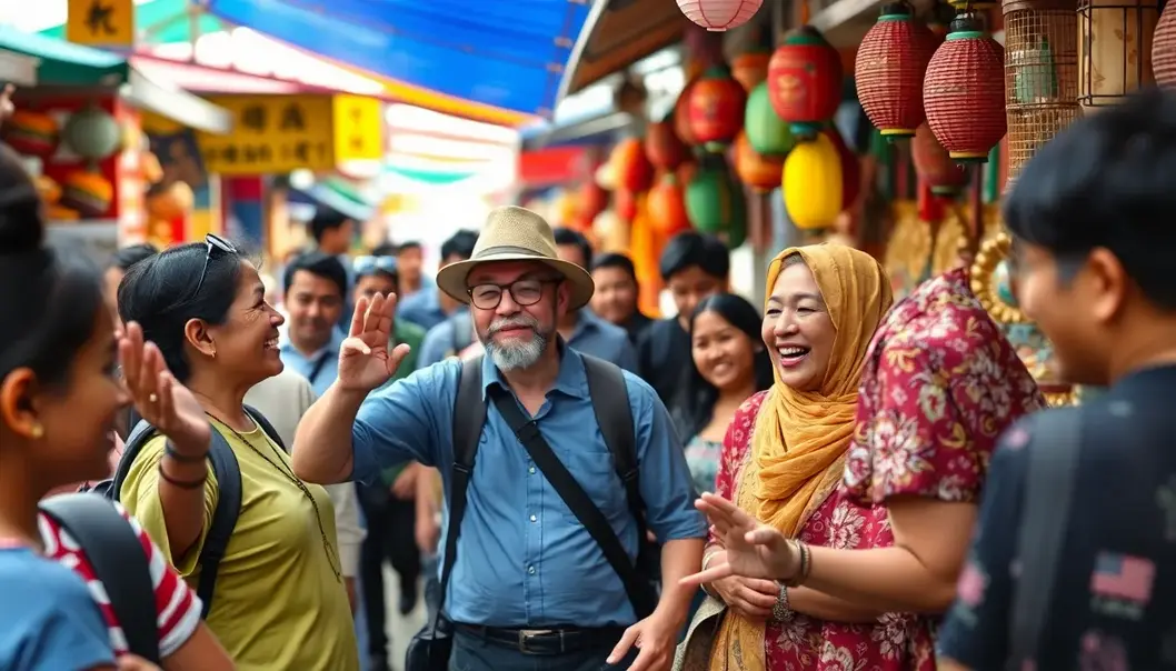 A traveler hilariously trying to communicate in a foreign market.