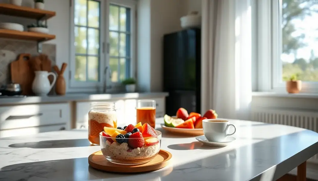 A breakfast spread with overnight oats and fruit on a sunlit kitchen table.