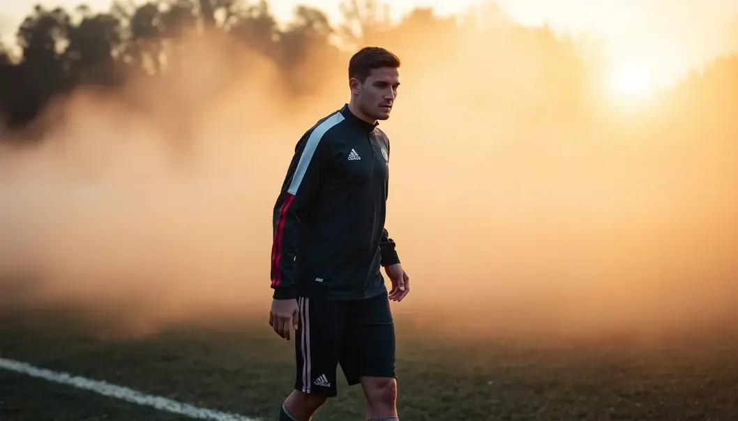 A soccer player begins their day with an early training session on the field.