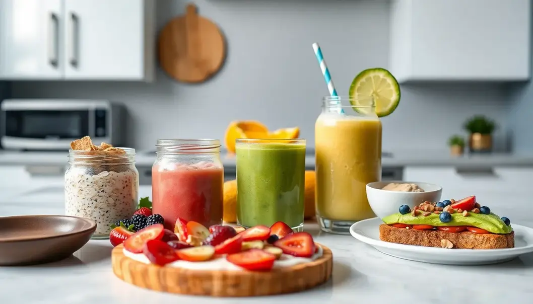 Professionals preparing breakfast with organized ingredients and tools.