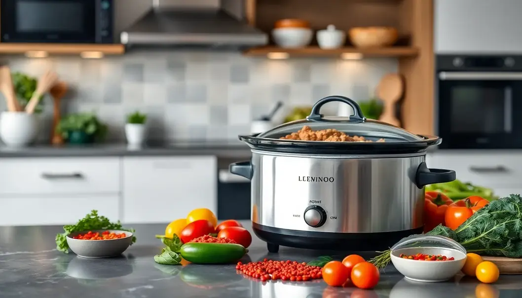 A sleek slow cooker in a contemporary kitchen with fresh cooking ingredients.
