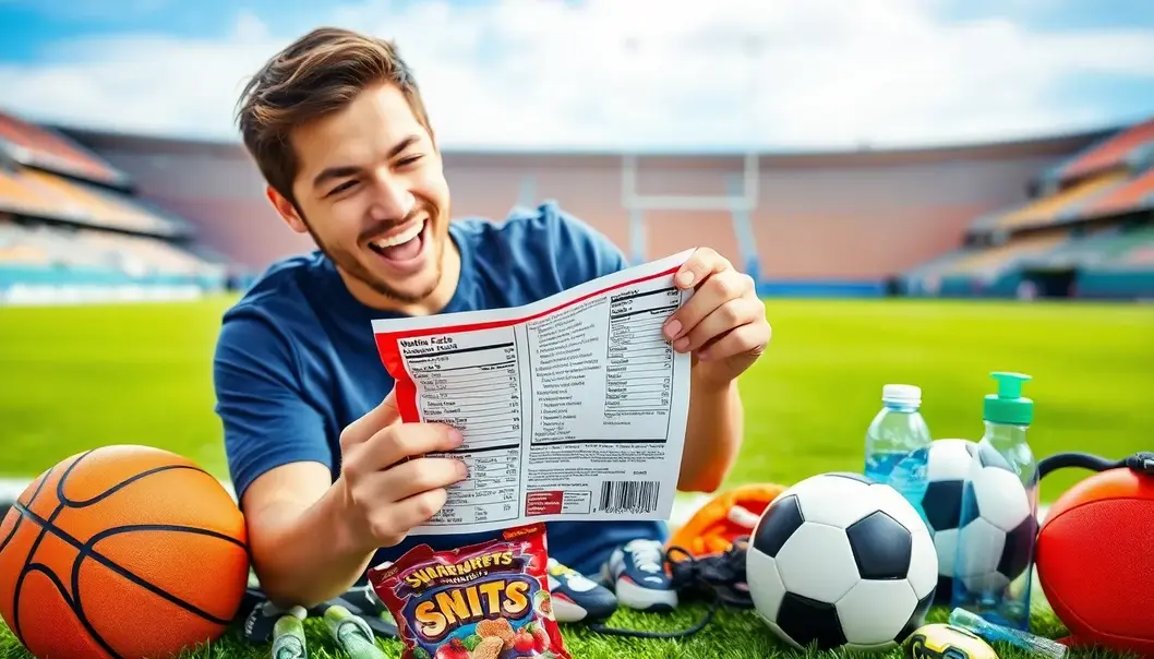 A sports fan decoding a food label with enthusiasm.