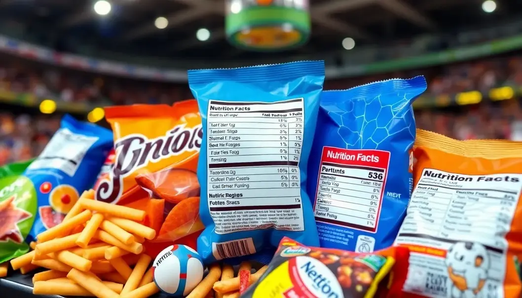 Collage showing nutrition labels with sports equipment and event backdrop.