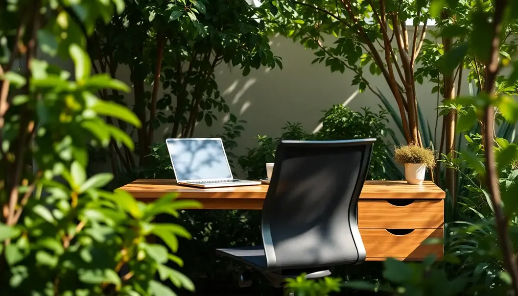 A Zen-inspired outdoor office space combining nature and functionality.